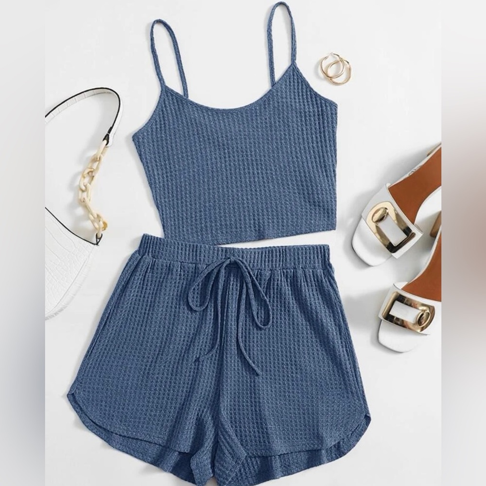 Waffle Knit Crop Cami Top & Knot Waist Shorts Set